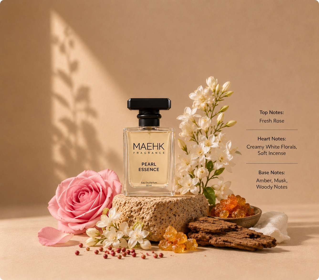 MAEHK Pearl Essence perfume bottle with flowers and incense on a beige background